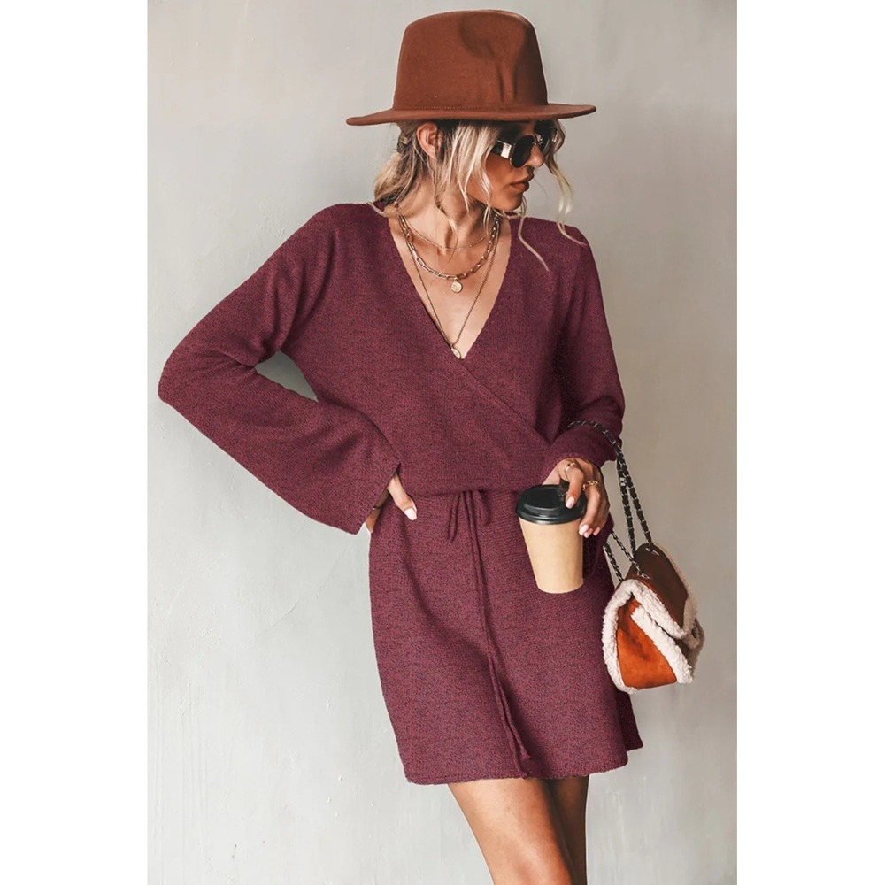 Cupshe Choir Shirt‎ Mini Sweater Dress Sz S Bell Sleeves Faux Wrap Burgundy NWT